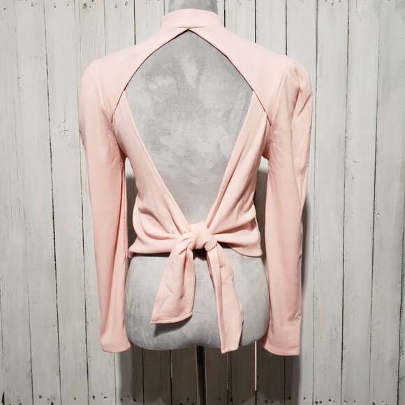 NEW Francesca's L Mi Ami Top Pink Mock Neck Cutout Open Tie Back Ribbed Juniors - Picture 4 of 6